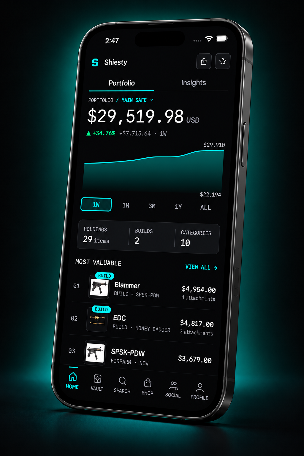 Shiesty's private portfolio on iPhone, with collection value, holdings, and a valuation chart.